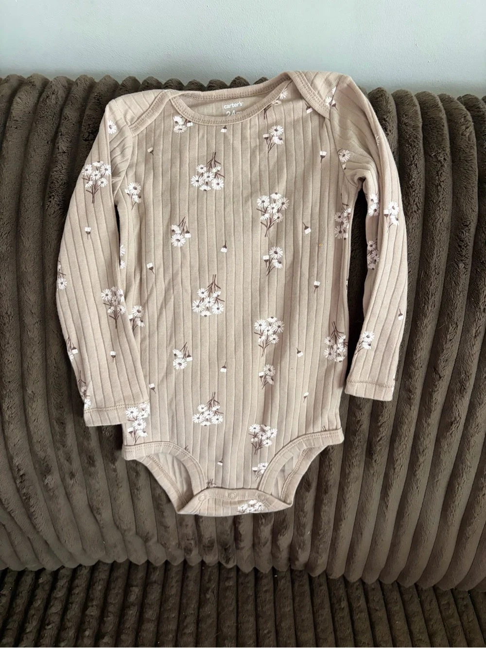 Carter's Beige Floral Ribbed Long-Sleeve One-Piece